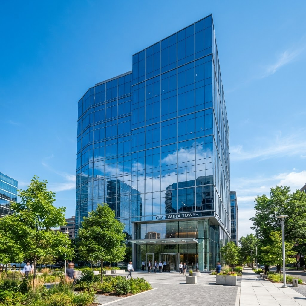 Modern commercial building with a spotless reflective glass facade