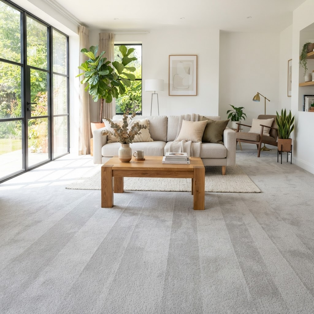 Bright living room with freshly cleaned light gray carpet showing crisp vacuum lines