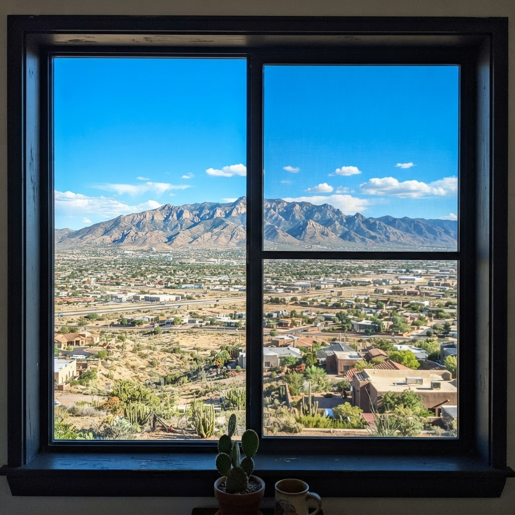 Streak-free clean window with a crisp bright mountain view
