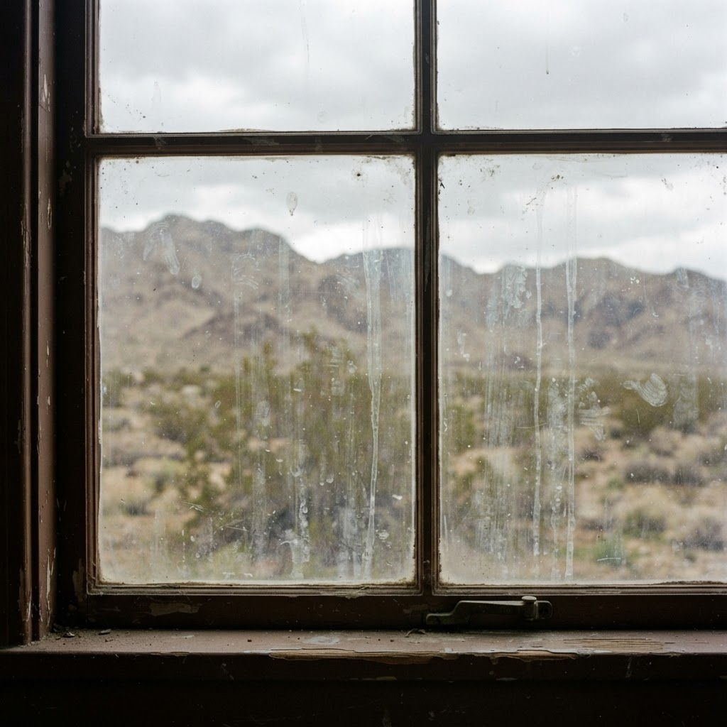 Dirty hazy window with streaks obscuring the mountain view