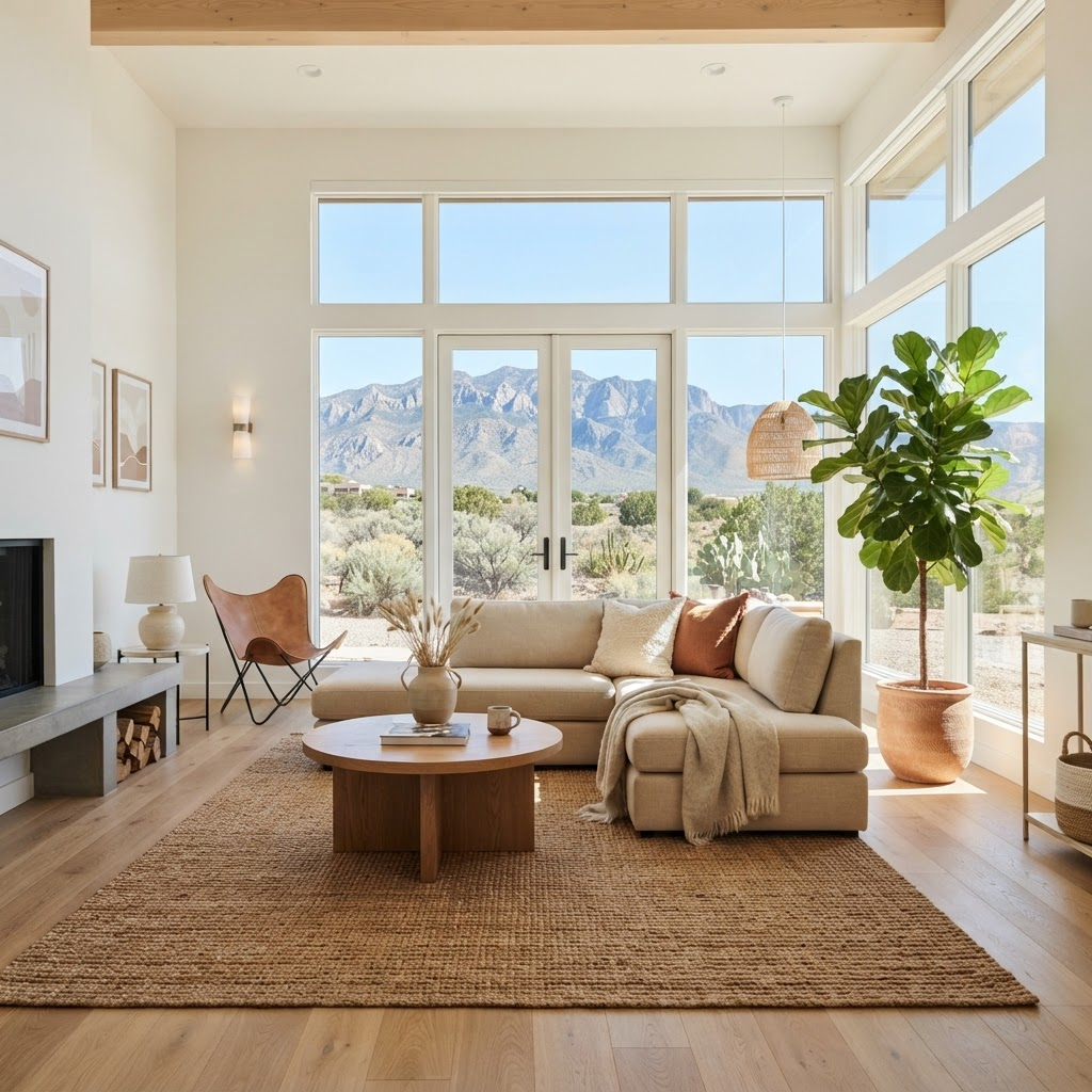 Bright living room with crystal-clear windows framing a New Mexico mountain view